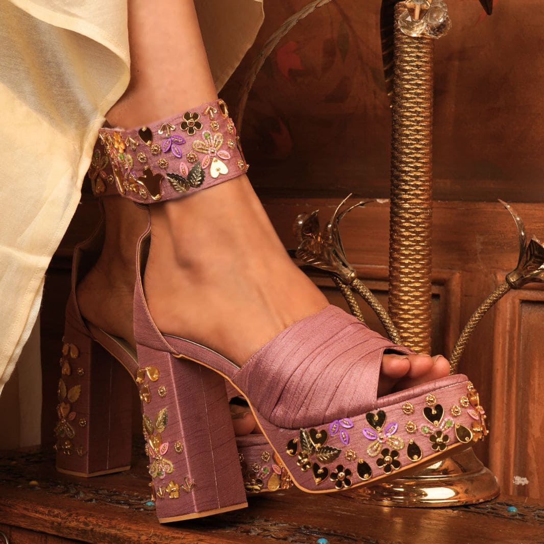Custom Pink High Block Hand Embroidered Heel.