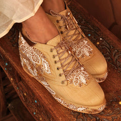 Custom Golden White Beaded Bridal sneaker wedges .