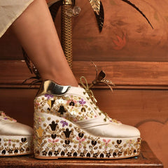 Custom white multi color embroidery bridal sneaker wedges.