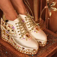 Custom white multi color embroidery bridal sneaker wedges.