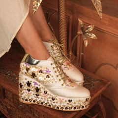 Custom white multi color embroidery bridal sneaker wedges.