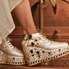 Custom white multi color embroidery bridal sneaker wedges.