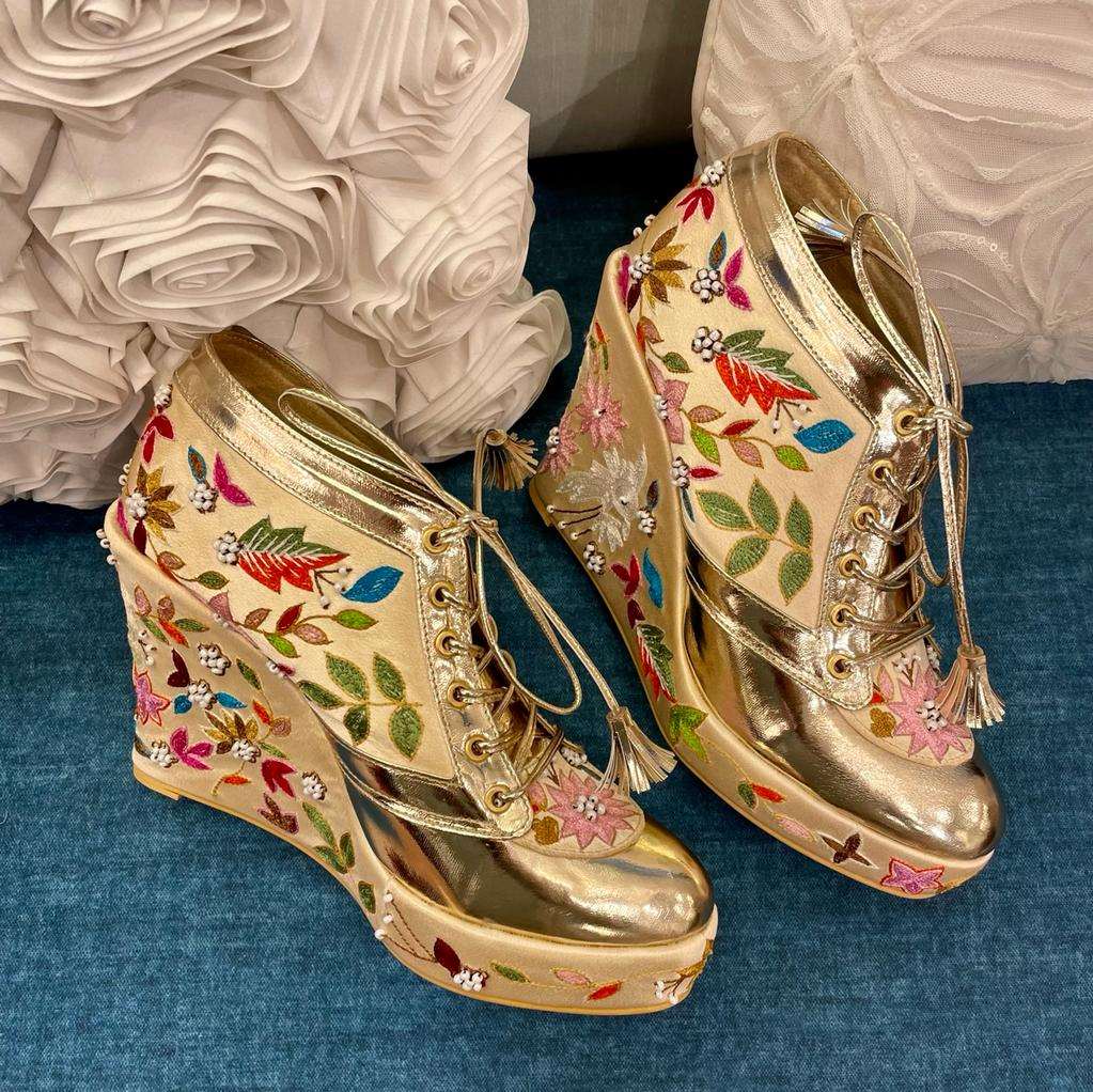 Floral Gold Bridal Sneaker Wedges Customized Wedding Shoes
