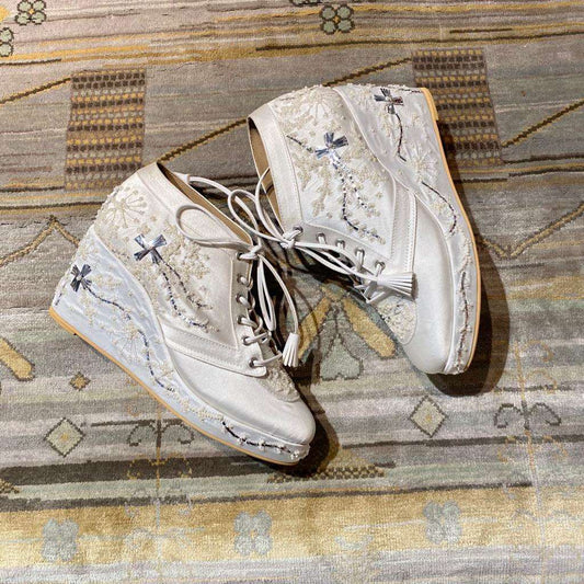 Ivory Bridal Sneaker Wedges with Gold Embroidery - Customized Wedding Shoes