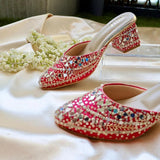 Mirror Magic pink mirror embroidered block heels by Tiesta