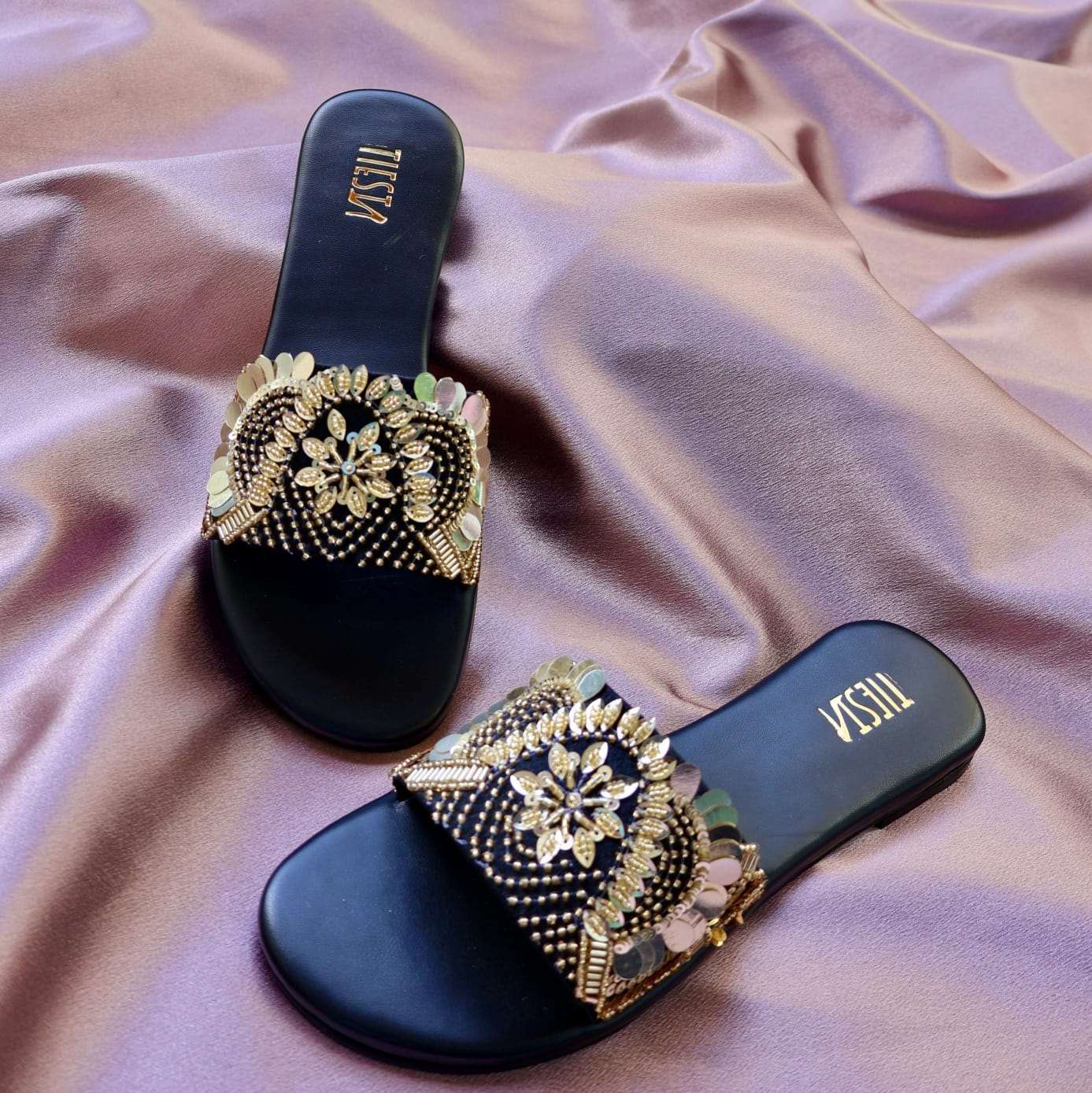 LANA- Black Sequin Embroidered Flats I Comfortable Sliders