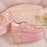 Soft Pink Platform Heels with Silver &amp; Rose Gold Embroidery - Ankle Cushion for Comfort