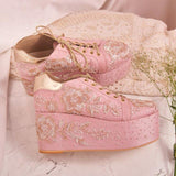 Soft Pink Platform Heels with Silver &amp; Rose Gold Embroidery - Ankle Cushion for Comfort