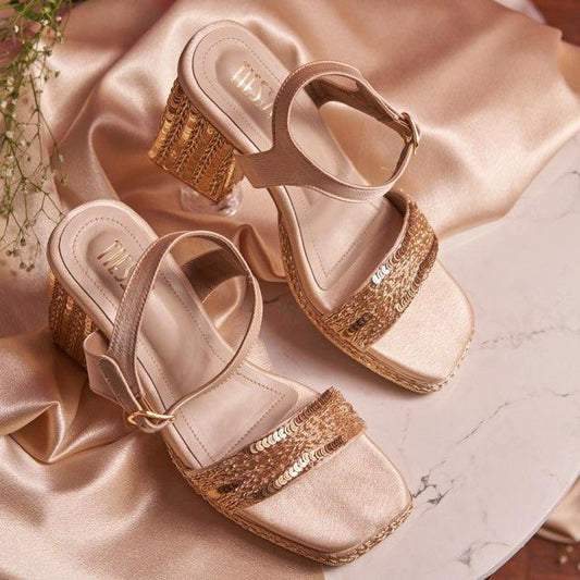 Customizable Hand-Embroidered Gold Block Heels with Back Strap | Vegan & Lightweight