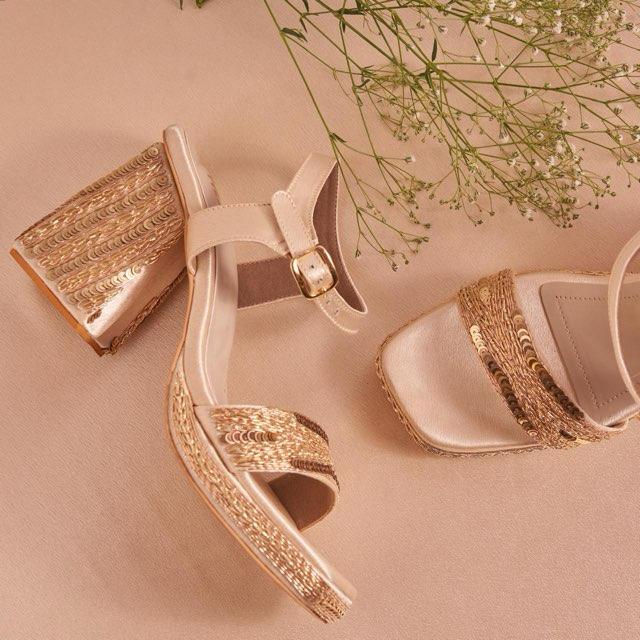 Customizable Hand-Embroidered Gold Block Heels with Back Strap | Vegan & Lightweight