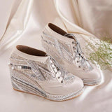 Customizable white  poppy sneakers wedges 4-Inch in Silver Embroidery | Stylish & Comfortable