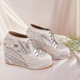 Customizable white  poppy sneakers wedges 4-Inch in Silver Embroidery | Stylish & Comfortable