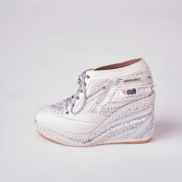 Customizable white  poppy sneakers wedges 4-Inch in Silver Embroidery | Stylish & Comfortable