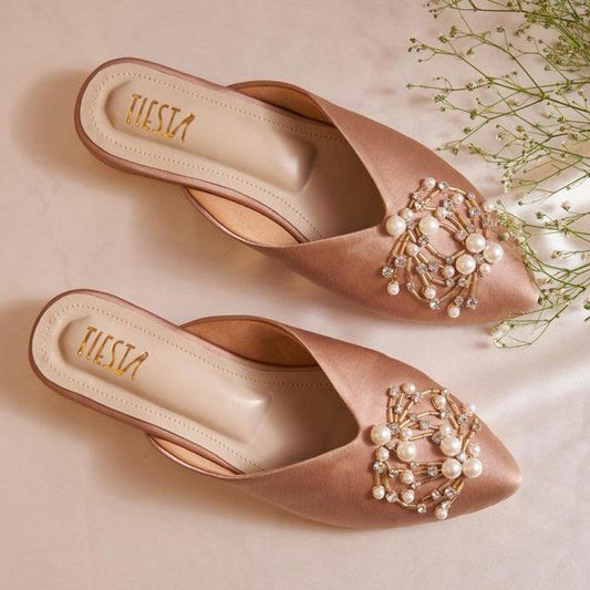 Luxury nudish Pink  Pearl-Embroidered Pointed Ballerinas - Perfect for the Festive Season