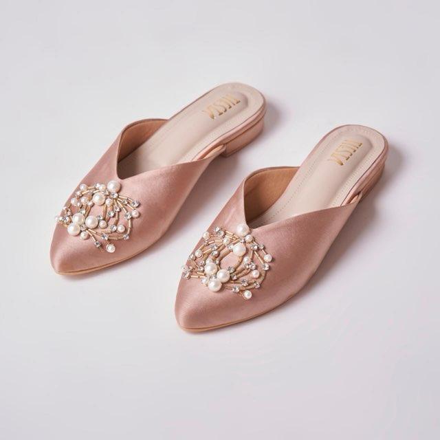 Luxury nudish Pink  Pearl-Embroidered Pointed Ballerinas - Perfect for the Festive Season