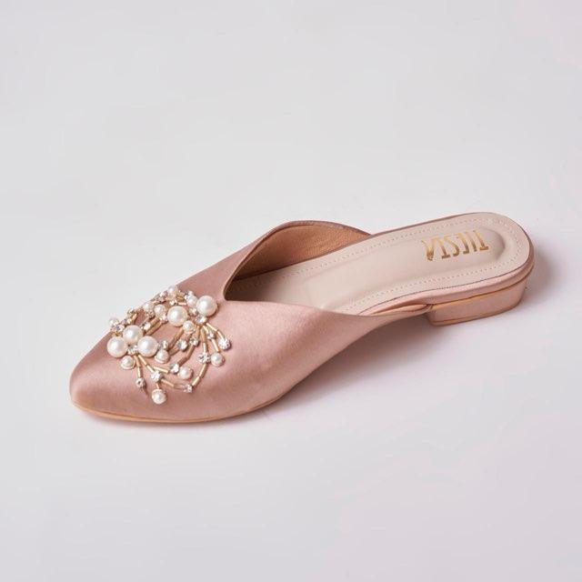 Luxury nudish Pink  Pearl-Embroidered Pointed Ballerinas - Perfect for the Festive Season