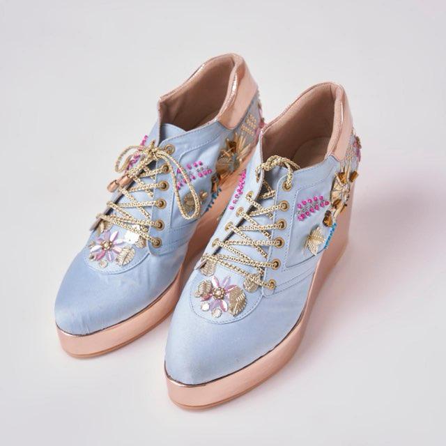 Rose Gold AND Blue  Embroidered Bridal Sneaker Wedges - Customized Wedding Shoes