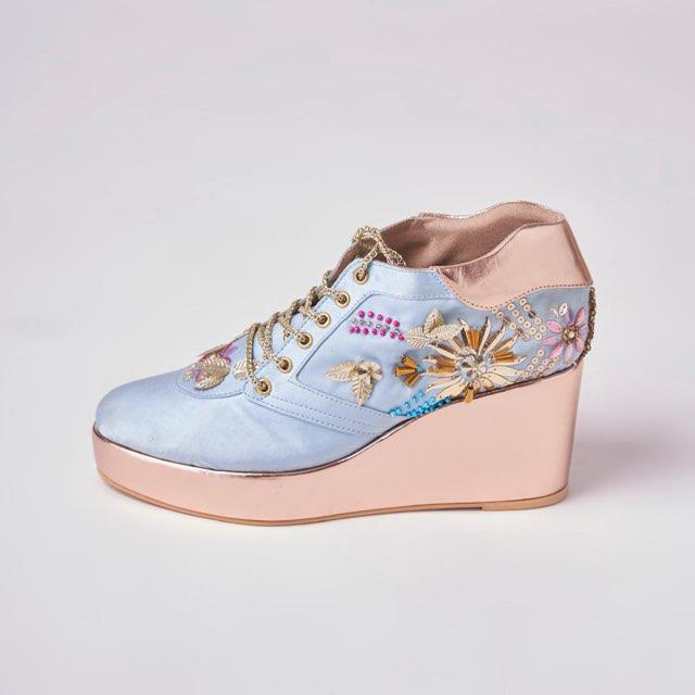 Rose Gold AND Blue  Embroidered Bridal Sneaker Wedges - Customized Wedding Shoes