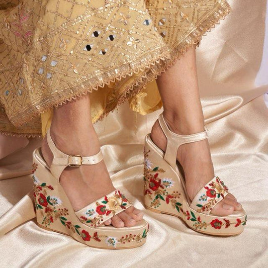 Customizable Hand-Embroidered Wedges for Festive &amp; Bridal Wear | Lightweight, Cushioned.