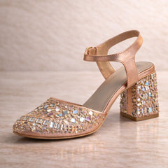 Peach Mirror & Sequin Embellished Block Heels – Customisable Bridal & Festive Footwear