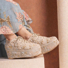 Kainat Champagne Glimmer Beaded Bridal Platform Sneakers