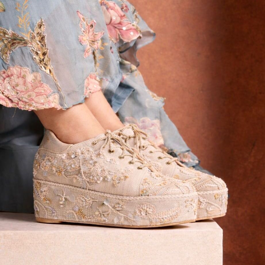 Kainat Champagne Glimmer Beaded Bridal Platform Sneakers