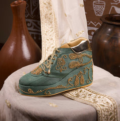 Raas- Gold embroidered green sneaker wedge