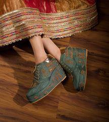 Raas- Gold embroidered green sneaker wedge