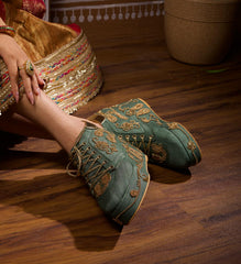 Raas- Gold embroidered green sneaker wedge