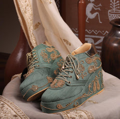 Raas- Gold embroidered green sneaker wedge