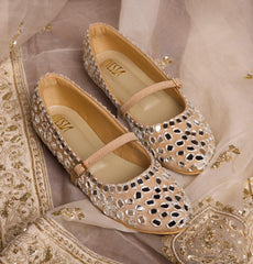 Aaina- Beige Mirror Work Ballerinas