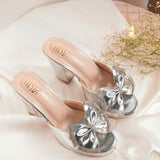 Comfortable Silver Foil Block Heels with Bling Bow - Perfect for Festive & Western Wear