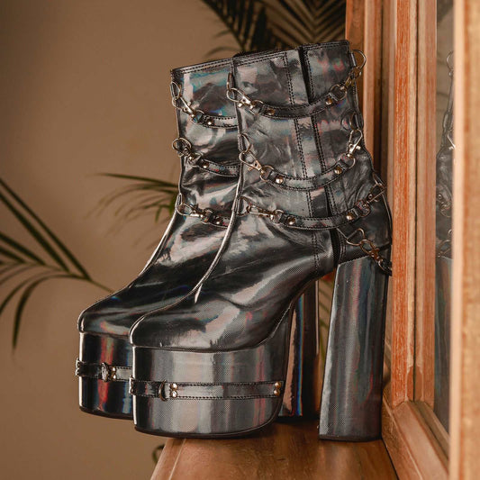 Bravo (Boots Platform Blocks , Gun Metal Silver Metallic grey Boots Ankle Length)