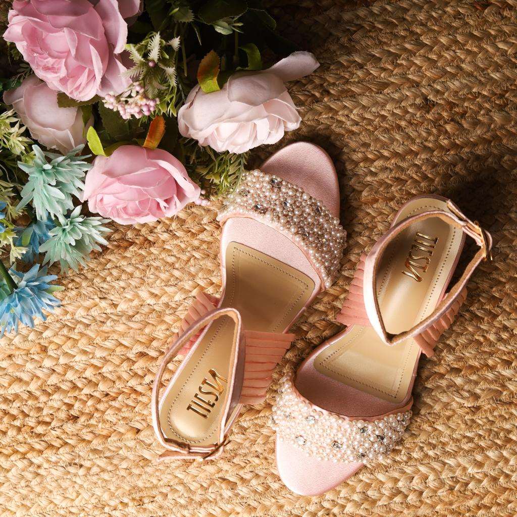 Christin Pink Satin Pearl Stones Bridal Blocks Heels Customised