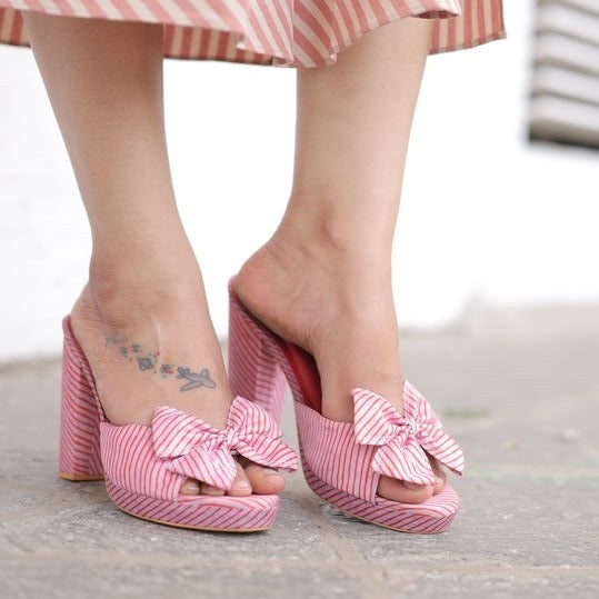Blush Pink Striped Bow Block Heels