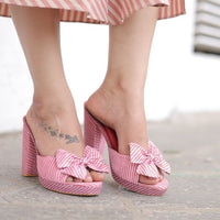 Blush Pink Striped Bow Block Heels