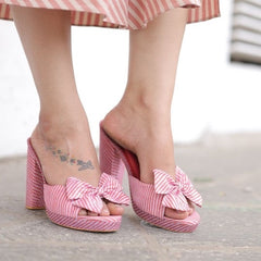 Blush Pink Striped Bow Block Heels