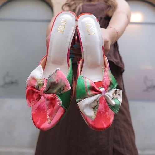Multicolor Abstract Bow Block Heels