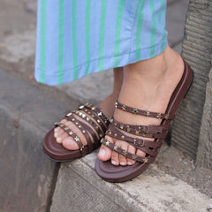 Dark Brown Studded Multi-Strap Slip on Flats