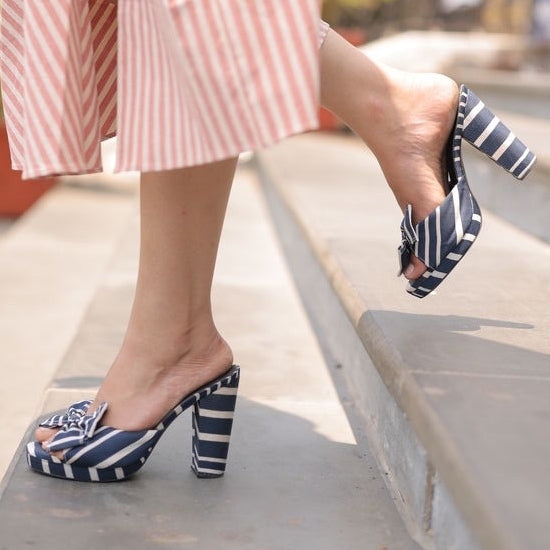 Stripes Bow Block Heels