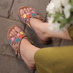 Brown Hand-Embroidered Floral Criss-Cross Flats