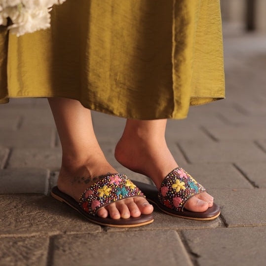 Brown Hand-Embroidered Floral Flats
