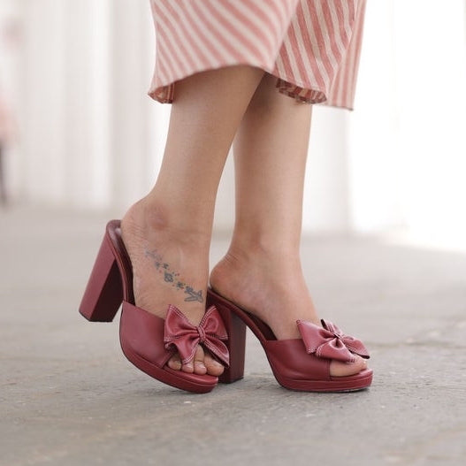 Maroon Bow Block Heels