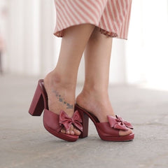 Maroon Bow Block Heels