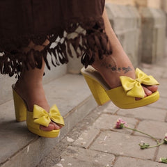 Mustard Yellow Bow Block Heels