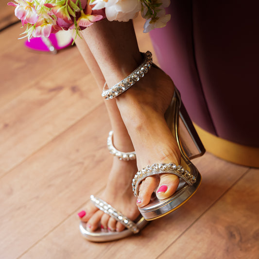 Silver Sequin Strap Block Heels: Chere Footwear