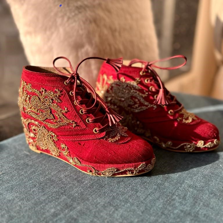 Maroon Bridal Sneaker Wedges with Gold Embroidery Customized